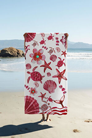 Dijital Baskı Plaj Deniz Havlusu Kaplumbağa ve Deniz Yıldızlı Peştamal HVL0125