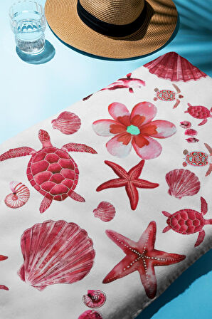 Dijital Baskı Plaj Deniz Havlusu Kaplumbağa ve Deniz Yıldızlı Peştamal HVL0125