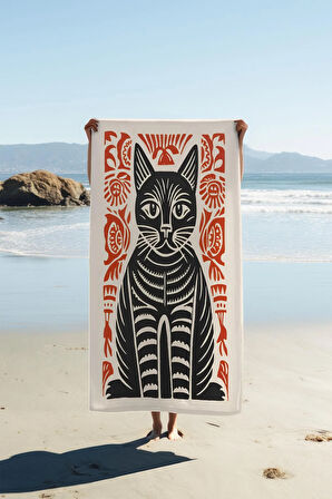 Dijital Baskı Plaj Deniz Havlusu Kedi Desenli Peştamal HVL0139