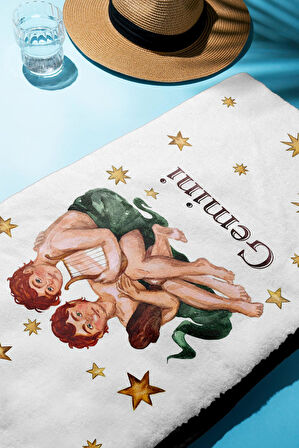 Dijital Baskı Plaj Deniz Havlusu İkizler Burcu Desenli Peştamal HVL0036