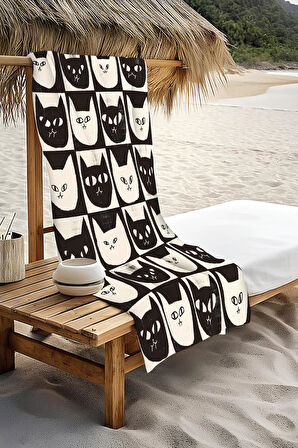 Dijital Baskı Plaj Deniz Havlusu Kedi Desenli Peştamal HVL0075