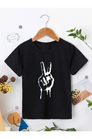 Ünisex Rahat Kalıp Pamuklu Baskılı Siyah Çocuk T-shirt