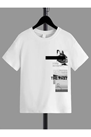 unisex Rahat Kalıp Pamuklu Baskılı Beyaz Çocuk T-shirt