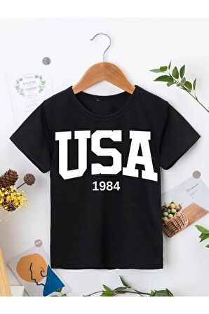 Ünisex Rahat Kalıp Pamuklu Baskılı Siyah Çocuk T-shirt