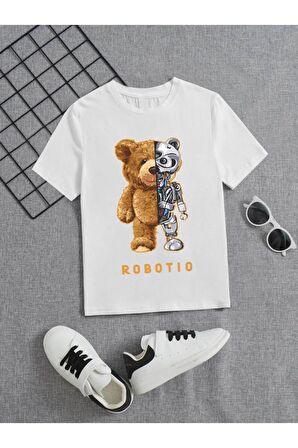 Ünisex Rahat Kalıp Pamuklu Baskılı Beyaz Çocuk T-shirt