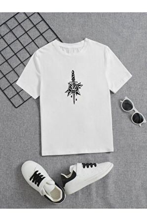 Ünisex Rahat Kalıp Pamuklu Baskılı Beyaz Çocuk T-shirt