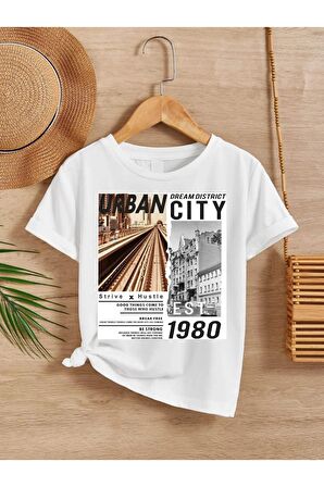 Ünisex Rahat Kalıp Pamuklu Baskılı Beyaz Çocuk T-shirt