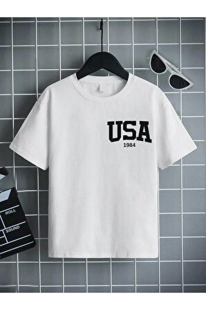 Ünisex Rahat Kalıp Pamuklu Baskılı Beyaz Çocuk T-shirt