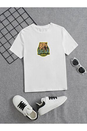 Ünisex Rahat Kalıp Pamuklu Baskılı Beyaz Çocuk T-shirt