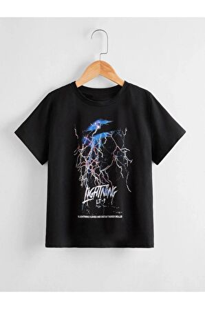 Unısex Rahat Kalıp Pamuklu YILDIRIM Baskılı Çocuk T-shirt