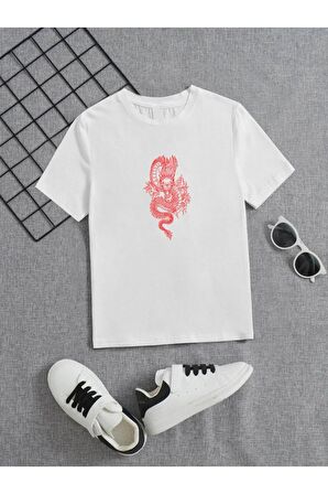 Ünisex Rahat Kalıp Pamuklu Baskılı Beyaz Çocuk T-shirt