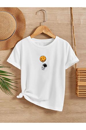 Ünisex Rahat Kalıp Pamuklu Baskılı Beyaz Çocuk T-shirt