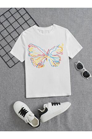 Ünisex Rahat Kalıp Pamuklu Baskılı Beyaz Çocuk T-shirt