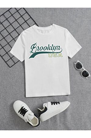 Ünisex Rahat Kalıp Pamuklu Baskılı Beyaz Çocuk T-shirt