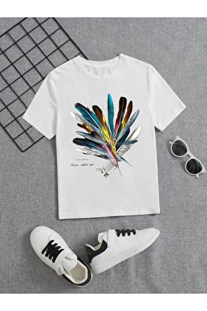 Ünisex Rahat Kalıp Pamuklu Baskılı Beyaz Çocuk T-shirt