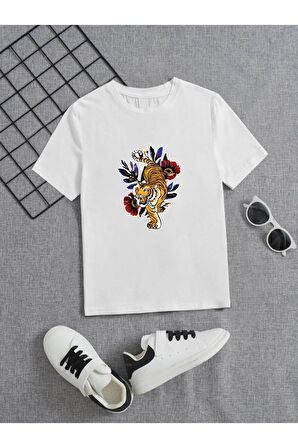 Ünisex Rahat Kalıp Pamuklu Baskılı Beyaz Çocuk T-shirt