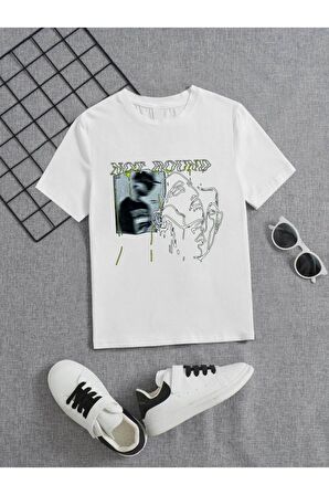 Ünisex Rahat Kalıp Pamuklu Baskılı Beyaz Çocuk T-shirt