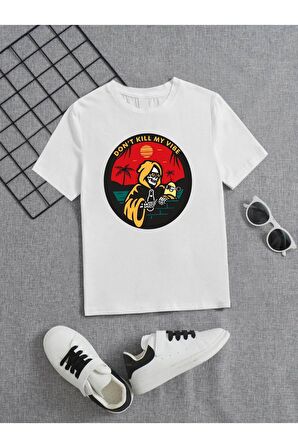 Ünisex Rahat Kalıp Pamuklu Baskılı Beyaz Çocuk T-shirt