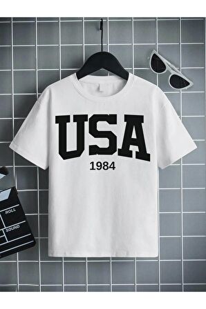 Ünisex Rahat Kalıp Pamuklu Baskılı Beyaz Çocuk T-shirt