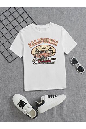 Ünisex Rahat Kalıp Pamuklu Baskılı Beyaz Çocuk T-shirt