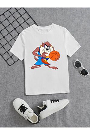 Ünisex Rahat Kalıp Pamuklu Baskılı Beyaz Çocuk T-shirt