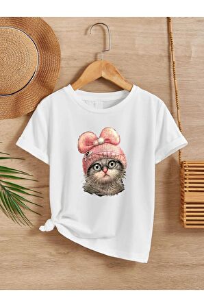 Ünisex Rahat Kalıp Pamuklu Baskılı Beyaz Çocuk T-shirt