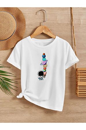 Ünisex Rahat Kalıp Pamuklu Baskılı Beyaz Çocuk T-shirt