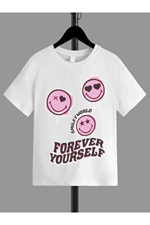Ünisex Rahat Kalıp Pamuklu Baskılı Beyaz Çocuk T-shirt