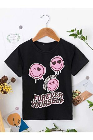 Ünisex Rahat Kalıp Pamuklu Baskılı Siyah Çocuk T-shirt