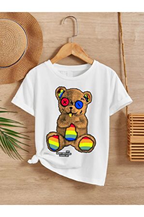 Ünisex Rahat Kalıp Pamuklu Baskılı Beyaz Çocuk T-shirt