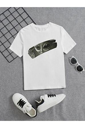 Ünisex Rahat Kalıp Pamuklu Baskılı Beyaz Çocuk T-shirt