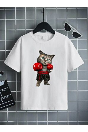 Ünisex Rahat Kalıp Pamuklu Baskılı Beyaz Çocuk T-shirt