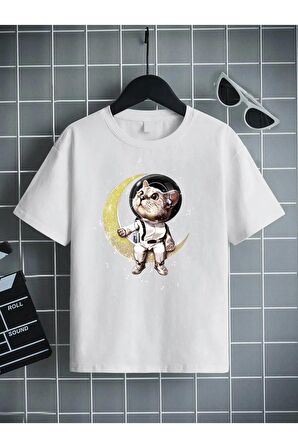 Ünisex Rahat Kalıp Pamuklu Baskılı Beyaz Çocuk T-shirt
