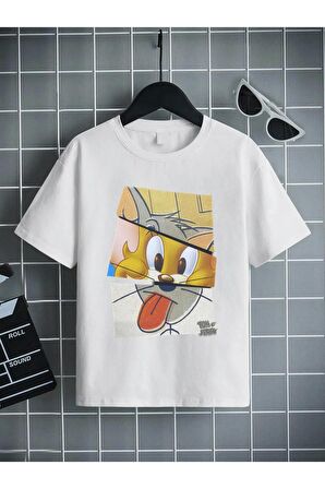 Ünisex Rahat Kalıp Pamuklu Baskılı Beyaz Çocuk T-shirt