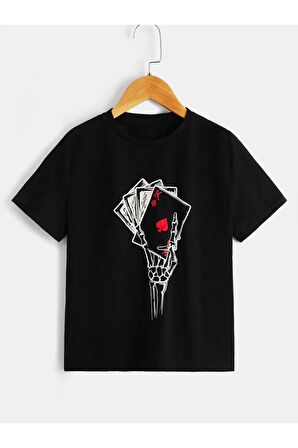 Unısex Rahat Kalıp Pamuklu Kart-iskelet Baskılı Çocuk T-shirt