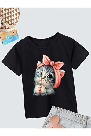 Ünisex Rahat Kalıp Pamuklu Baskılı Siyah Çocuk T-shirt