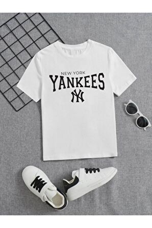 Ünisex Rahat Kalıp Pamuklu Baskılı Beyaz Çocuk T-shirt