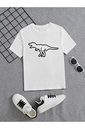 Ünisex Rahat Kalıp Pamuklu Baskılı Beyaz Çocuk T-shirt