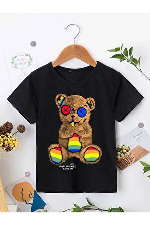 Ünisex Rahat Kalıp Pamuklu Baskılı Siyah Çocuk T-shirt