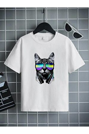 Ünisex Rahat Kalıp Pamuklu Baskılı Beyaz Çocuk T-shirt