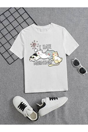 Ünisex Rahat Kalıp Pamuklu Baskılı Beyaz Çocuk T-shirt