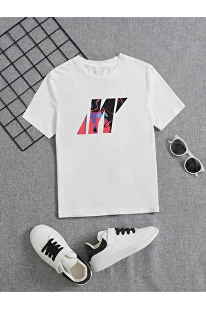 Ünisex Rahat Kalıp Pamuklu Baskılı Beyaz Çocuk T-shirt