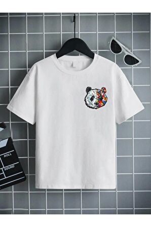 Ünisex Rahat Kalıp Pamuklu Baskılı Beyaz Çocuk T-shirt