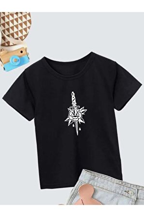 Ünisex Rahat Kalıp Pamuklu Baskılı Siyah Çocuk T-shirt