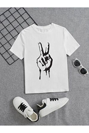 Ünisex Rahat Kalıp Pamuklu Baskılı Beyaz Çocuk T-shirt