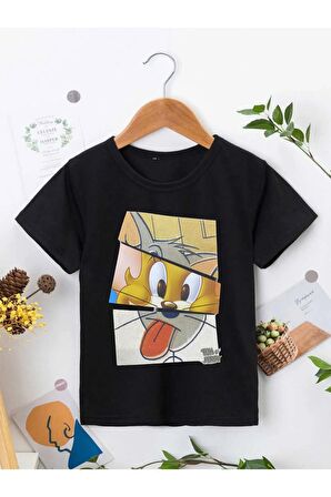 Ünisex Rahat Kalıp Pamuklu Baskılı Siyah Çocuk T-shirt