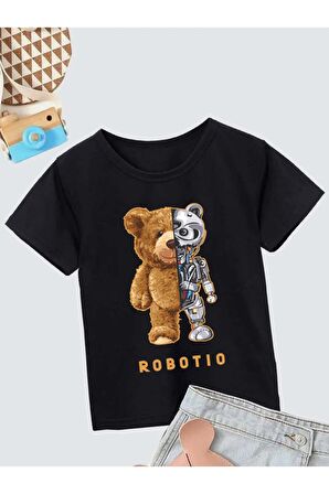 Ünisex Rahat Kalıp Pamuklu Baskılı Siyah Çocuk T-shirt