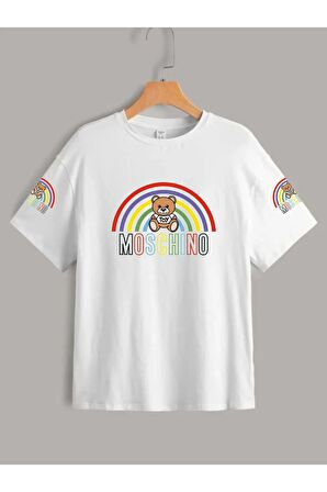 Çocuk Oversize Unisex Gökkuşağı Moschıno Pamuklu Bisiklet Yaka Tişört