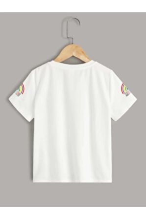 Çocuk Oversize Unisex Gökkuşağı Moschıno Pamuklu Bisiklet Yaka Tişört