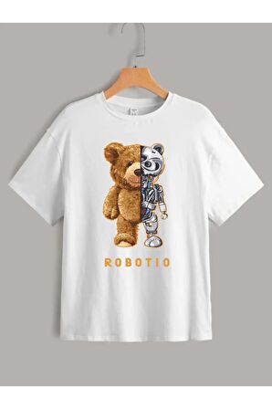 Çocuk Oversize Unisex Robotıo Pamuklu Bisiklet Yaka Tişört